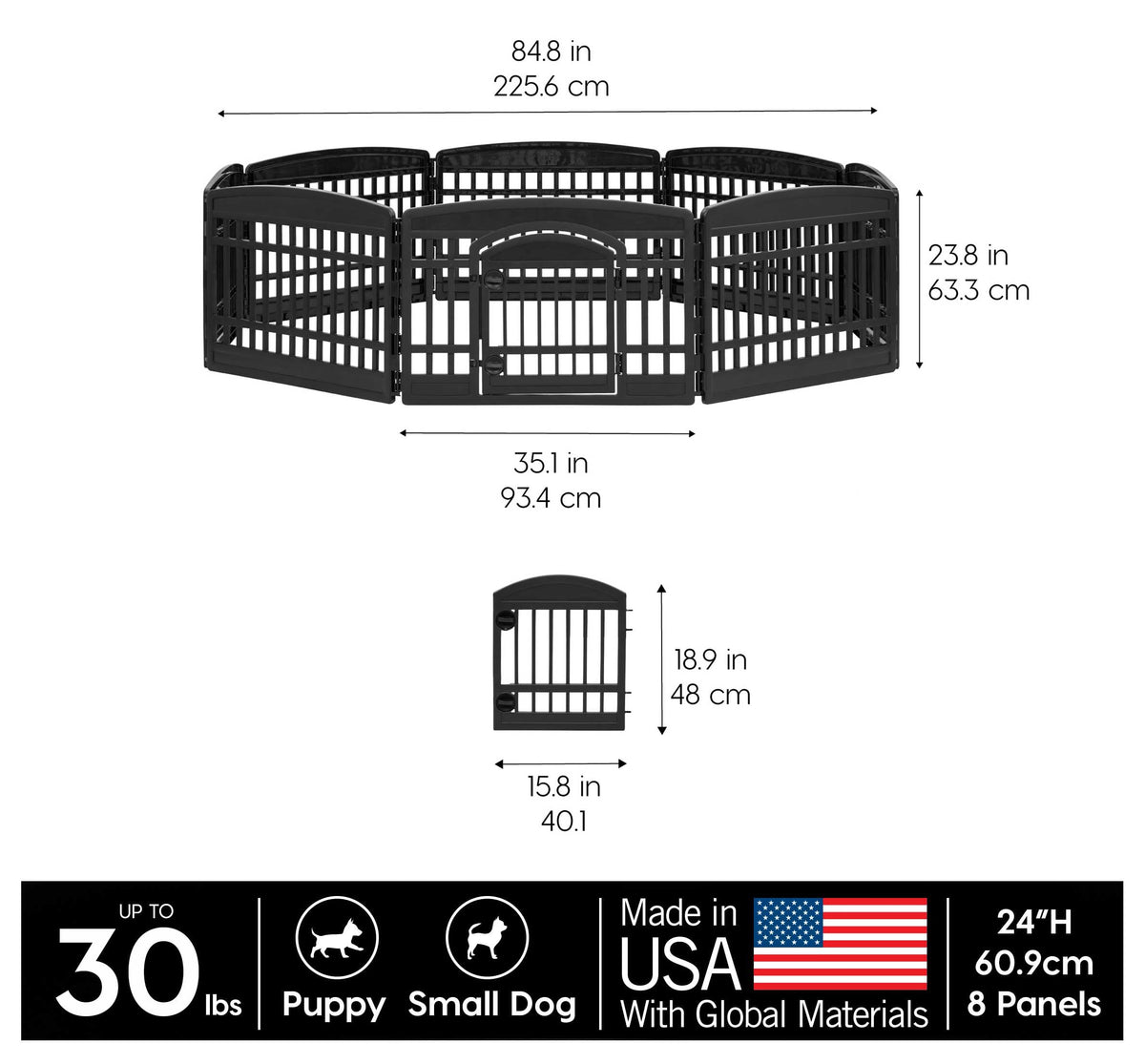8 Panel Dog Playpen with Door (8 Panel - 24" H / Black)