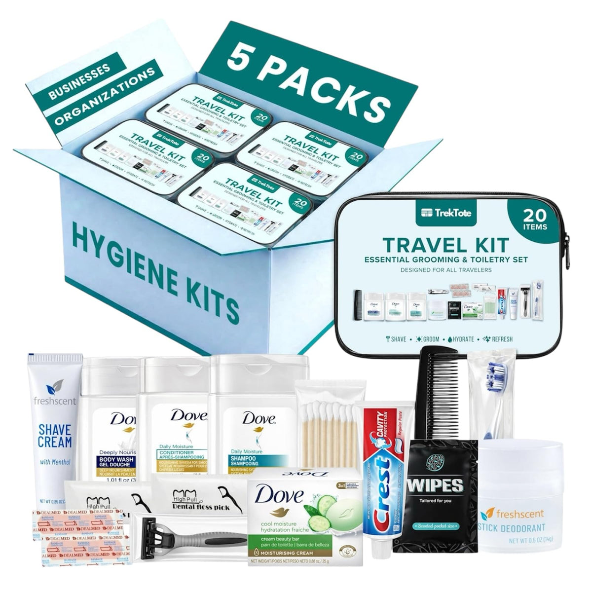 Bulk Hygiene Kits Unisex Premium Name Brand for Care Packages (5 Pack)