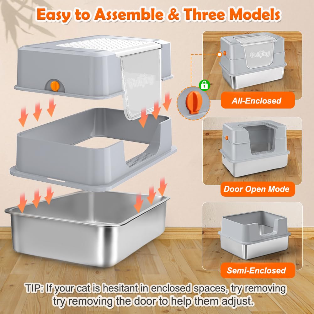 XL Enclosed Stainless Steel Cat Litter Box with Lid (Gray)