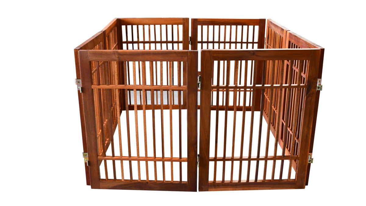 Freestanding Wooden Dog Gate Foldable Indoor Pet Gate No Drill Expandable Barrier for Doorways Stairs Hallways Portable Wood Fence for Small Dogs & Puppies (8 Panel 24" Tall / Brown Pet Gate)