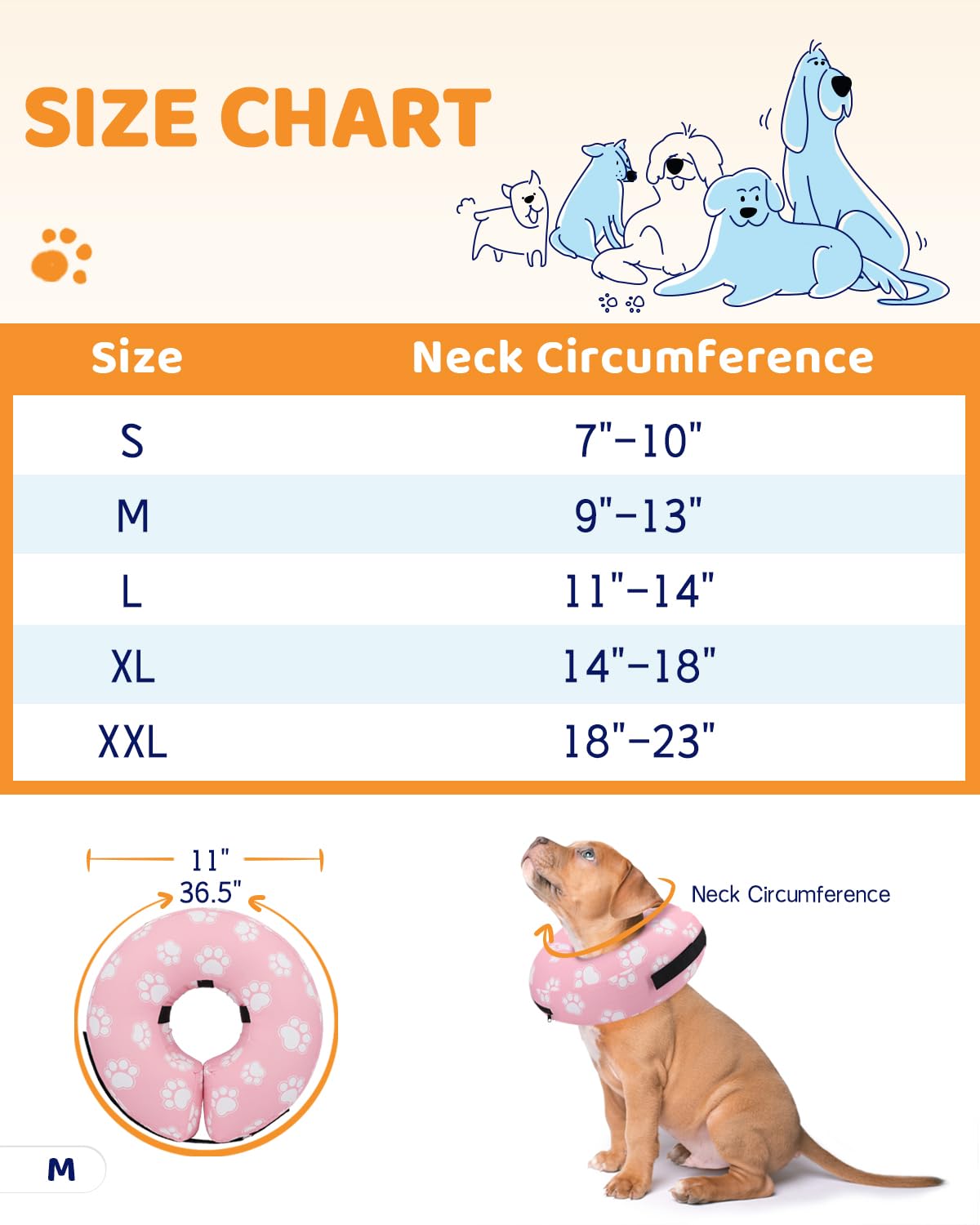 Inflatable Dog Cone Collar for Large Medium Small Dogs (T Paw Pink / M(Neck 9"-13"))