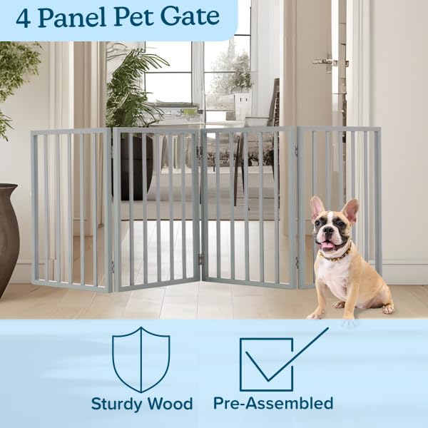 Pet Gate - 4-Panel Indoor Foldable Dog Fence for Stairs, Hallways, or Doorways - 72x24-Inch Retractable Wood Freestanding Dog Gates by PETMAKER (Gray) (Gray / 4 Panel)