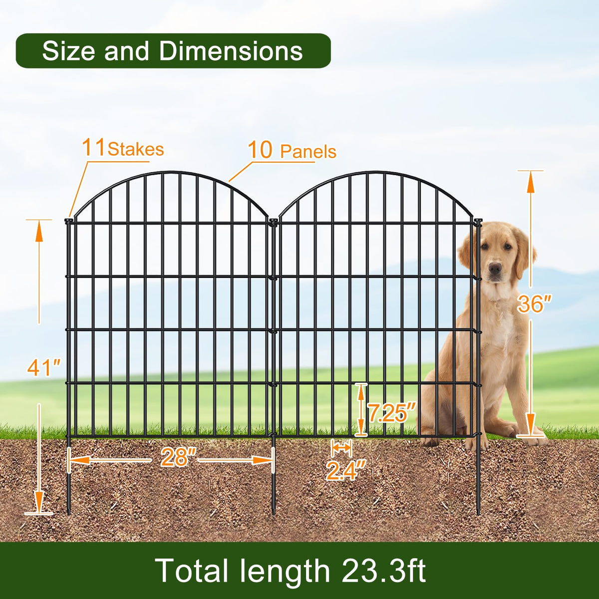 Metal Garden Fence 36 in x 23.3 ft (36"Hx23.3ft (10Panels))