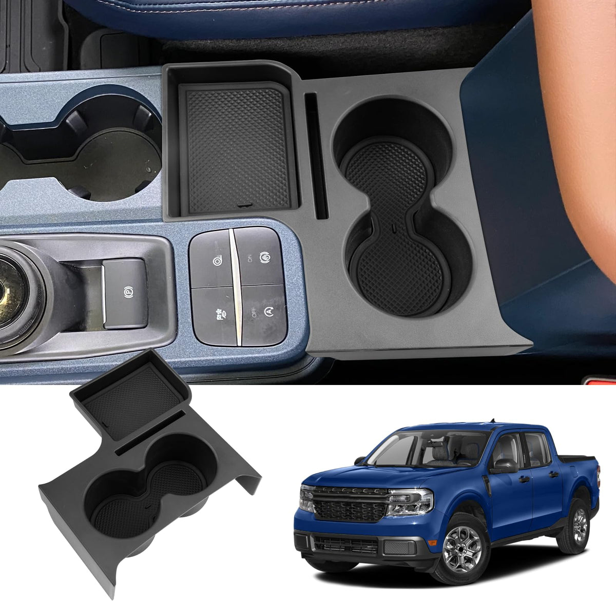 LUWU Center Console Cup Holder Organizer Tray Compatible with 2022 2023 2024 2025 Ford Maverick Truck Cup Holders Insert Expander Organizer Tray Drink Holder with Mat Ford Maverick Accessories (2 in 1 Front Cup Holder)