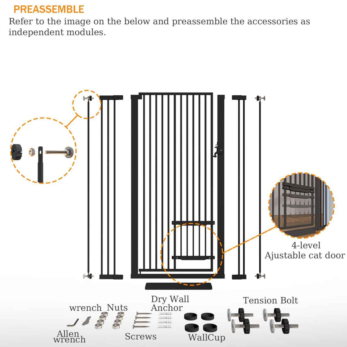 55.11" Extra Tall Pet Gate With Small Cat Door (Black / 55.11 inches SET A)