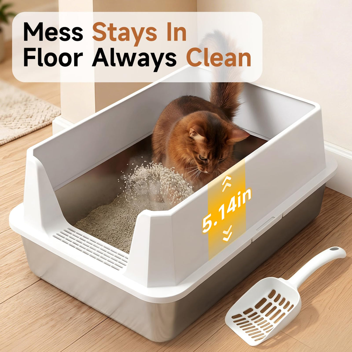 XL Stainless Steel Cat Litter Box with Plastic Enclosure & Scoop (Light Gray-1Pack)