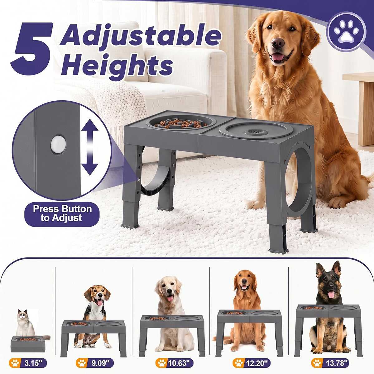 Elevated Dog Bowls Large Breed Raised Dogs Bowl Stand Large (D-Grey)