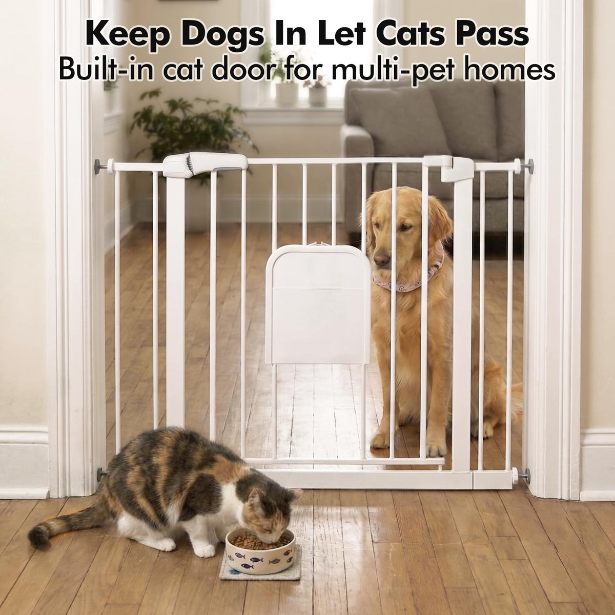 31 46“ Metal Pet Gate with Cat Door (Matte White / 31-46"Wide,30"Tall)