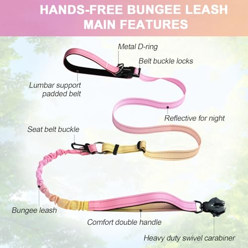 Heavy Duty Hands Free Dog Leash with Quick Release Carabiner and Adjustable No Pull Bungee Dog Running Waist Leash (Pinkish Yellow)