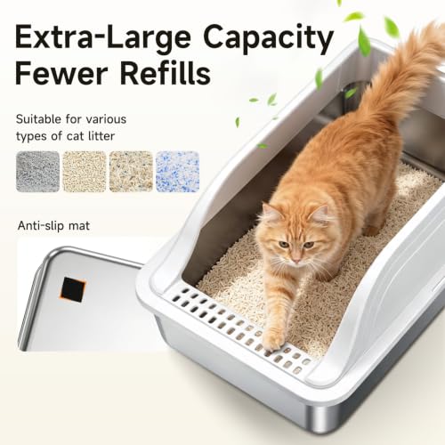 High Sided Stainless Steel XL Cat Litter Box for Cats (Grey XL)