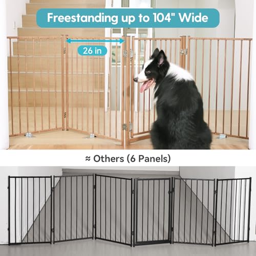 Freestanding Dog Gate with Door for Indoor & Outdoor (Brown / 【4 Panels with Door】104"W×30"H)