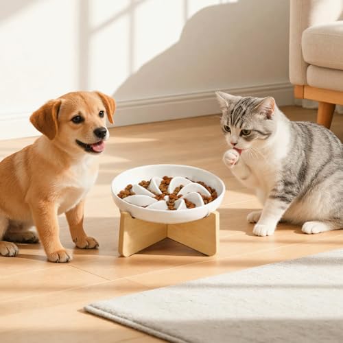 Slow Feeder Cat Bowl Elevated Ceramic with Bamboo Stand (Lotus)