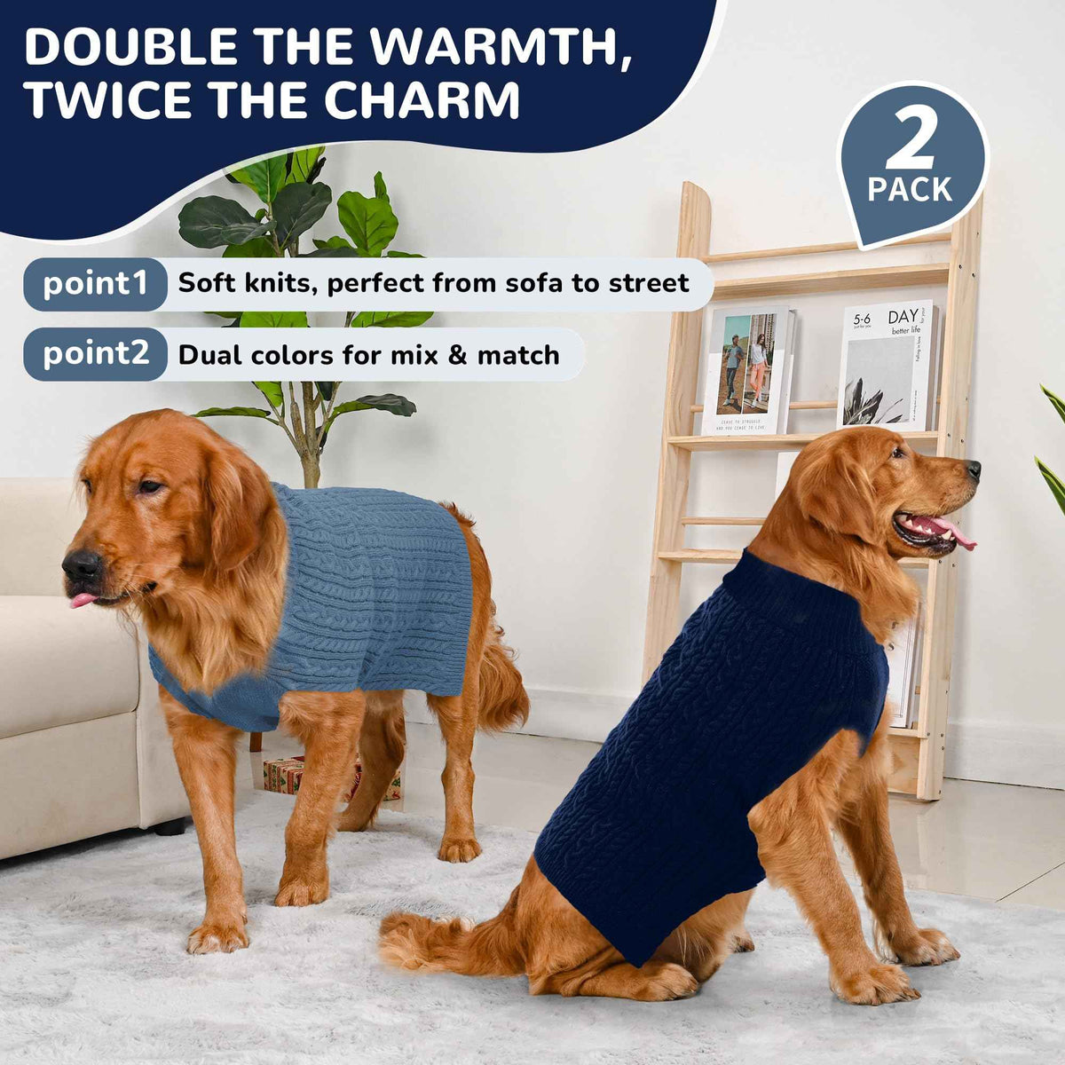Dog Sweater 2 Pack for Large Dogs (Navy & Blue / XXXX-Large)