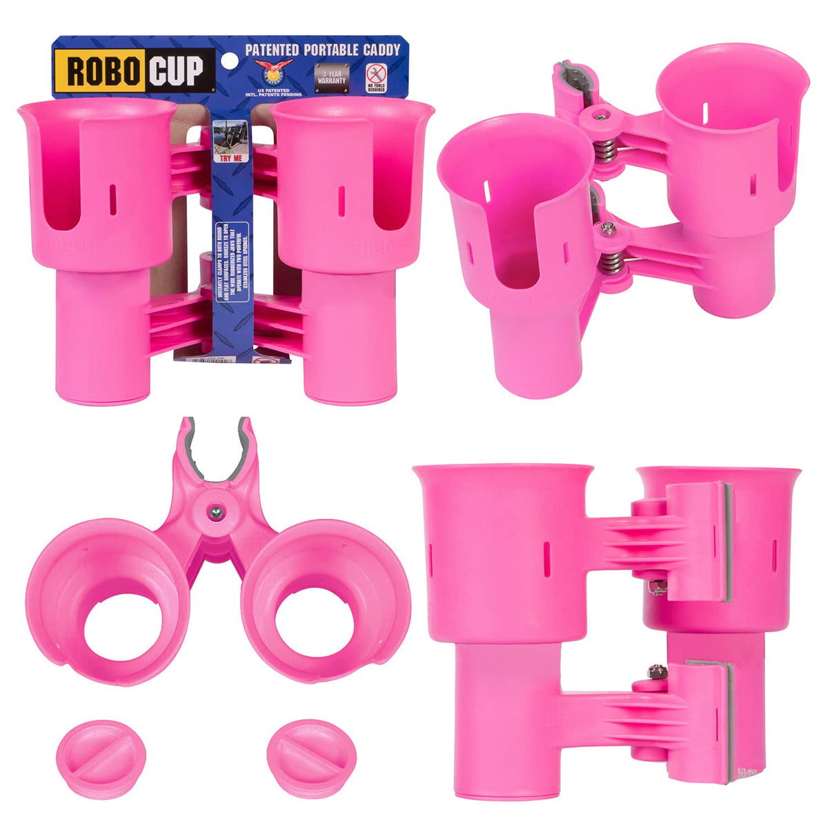 Hot Pink), Patented Clamp On Boat Cup Holder |Multifunction Dual Drink Caddy for Fishing Poles, Tools, Net, Gaff |Portable Storage for Boating, Beach, Umbrellas, Golf Carts, Strollers (Hot Pink / Standard Spring)