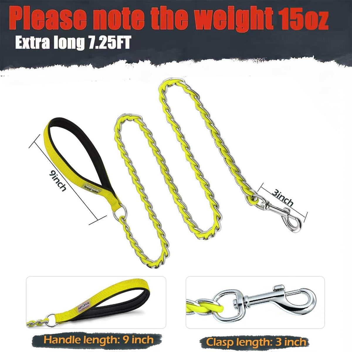 Chain Dog Leash Chew Proof Metal Leash for Medium Large Dogs (yellow / 7.25FT(30-80lb))