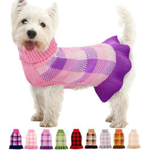 Dog Sweater Dress Plaid Knitwear for Large Dogs Girl Christmas Clothes (Purple / XXX-Large)