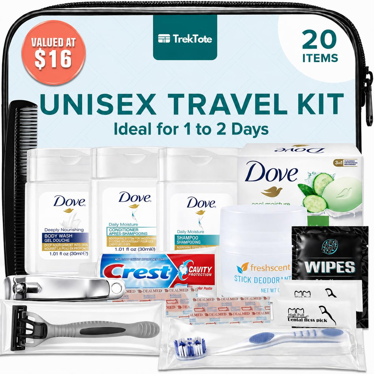 Travel Essentials Hygiene Kit Premium Name Brand TSA Approved Toiletry Bag (1 Pack)