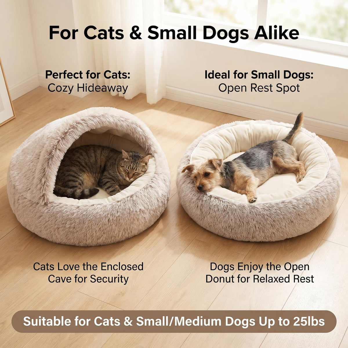 Convertible Donut Cat Bed Cave (Brown / 19.7 in Small Size)