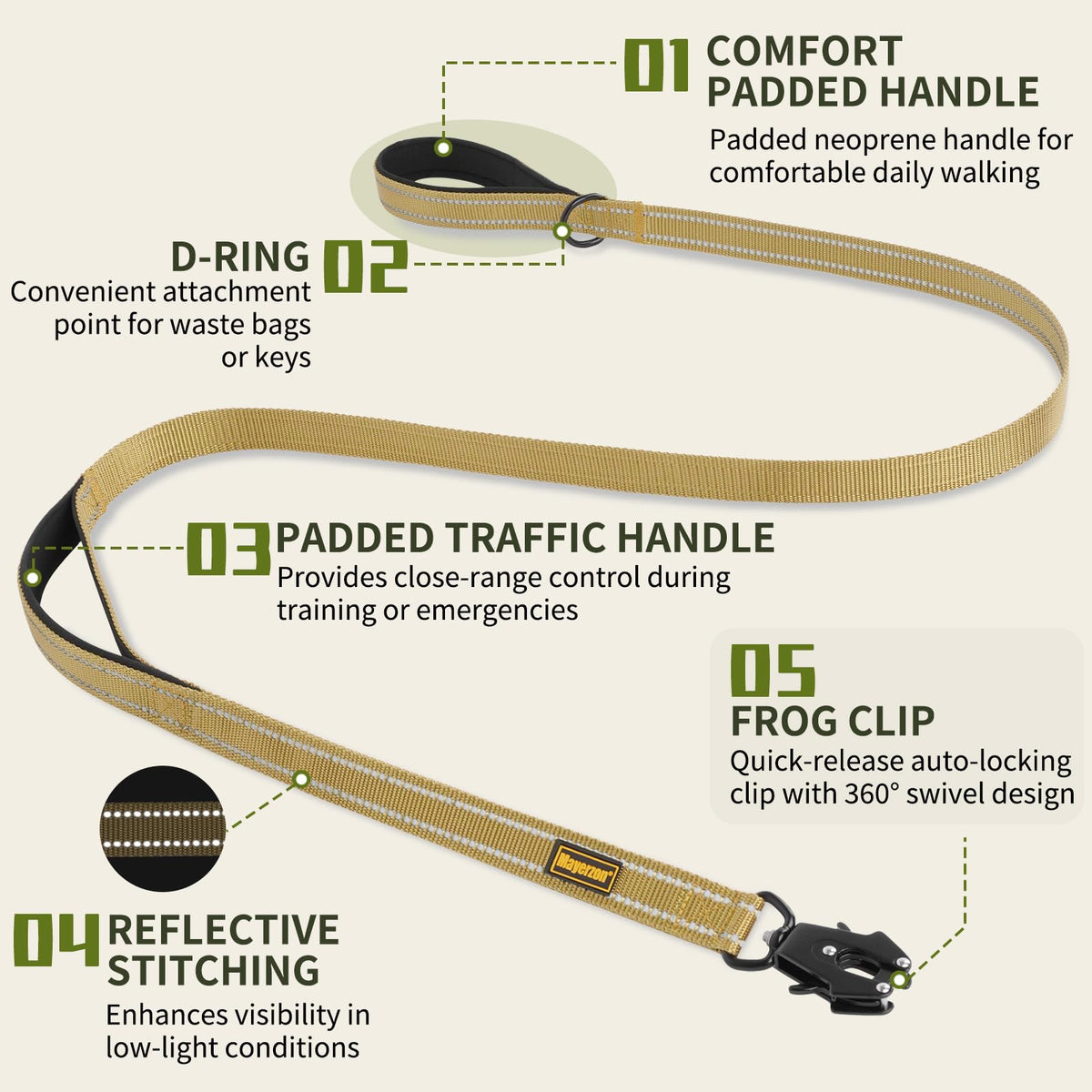 4FT Tactical Heavy Duty Dog Leash No Pull with 2 Padded Handles (Khaki / 4FT)