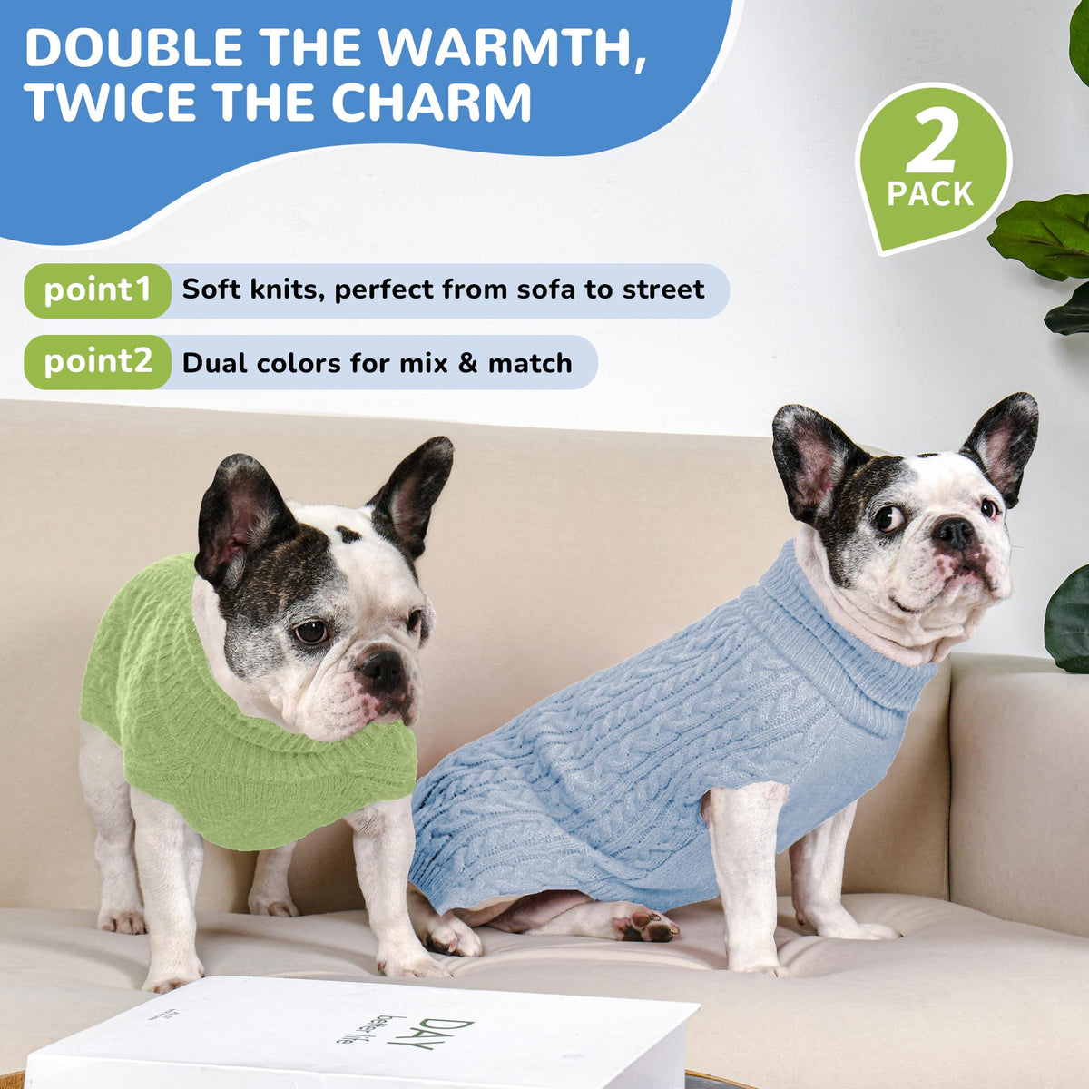 Dog Sweater 2 Pack for Medium Dogs (Blue & Green / Large)