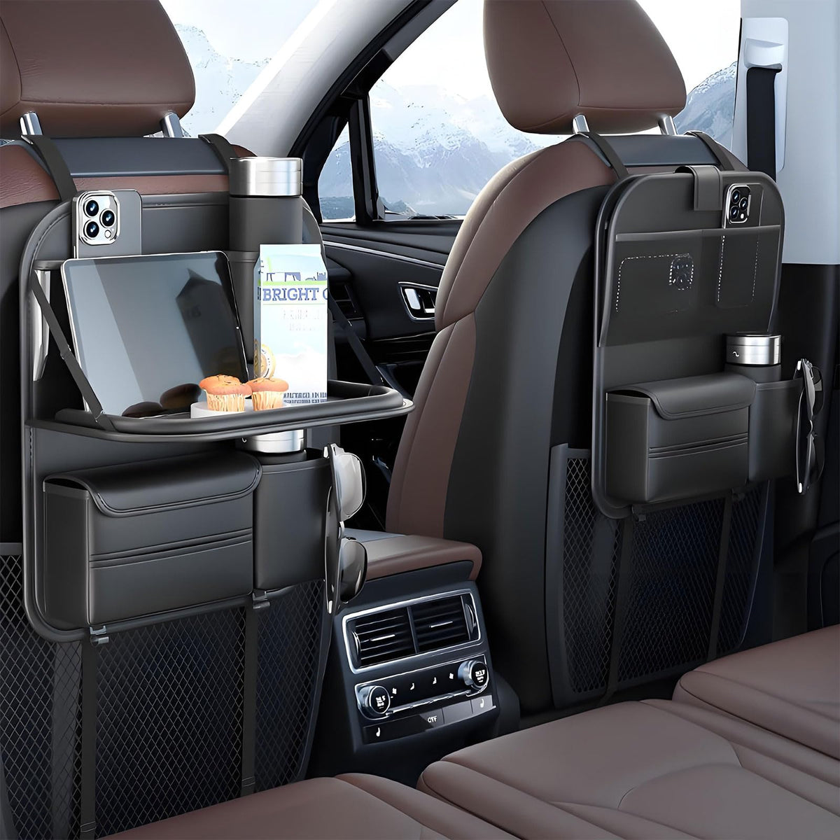 Universal Premium Leather Foldable Car Backseat Organizer with Table Tray