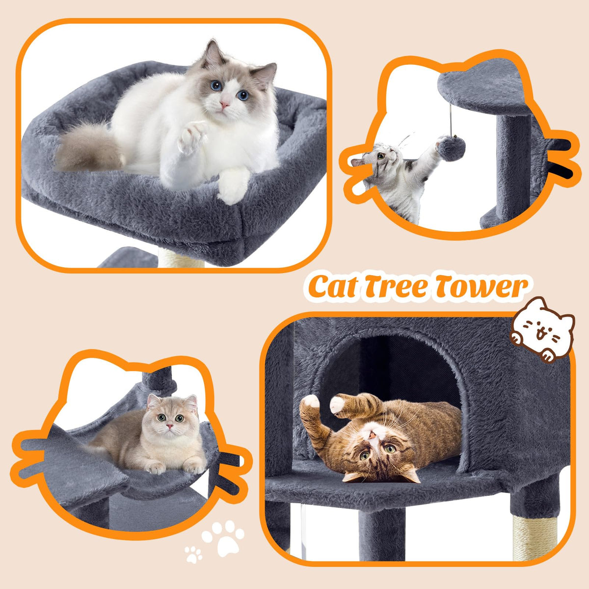 44 in Cat Tree Tower with Natural Sisal Scratching Posts (Dark Grey / 43.6Inch)