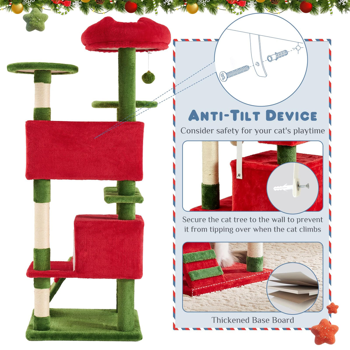 54 Inch Cat Tree Tower with Scratching Posts (Red & Green / 54 Inch)