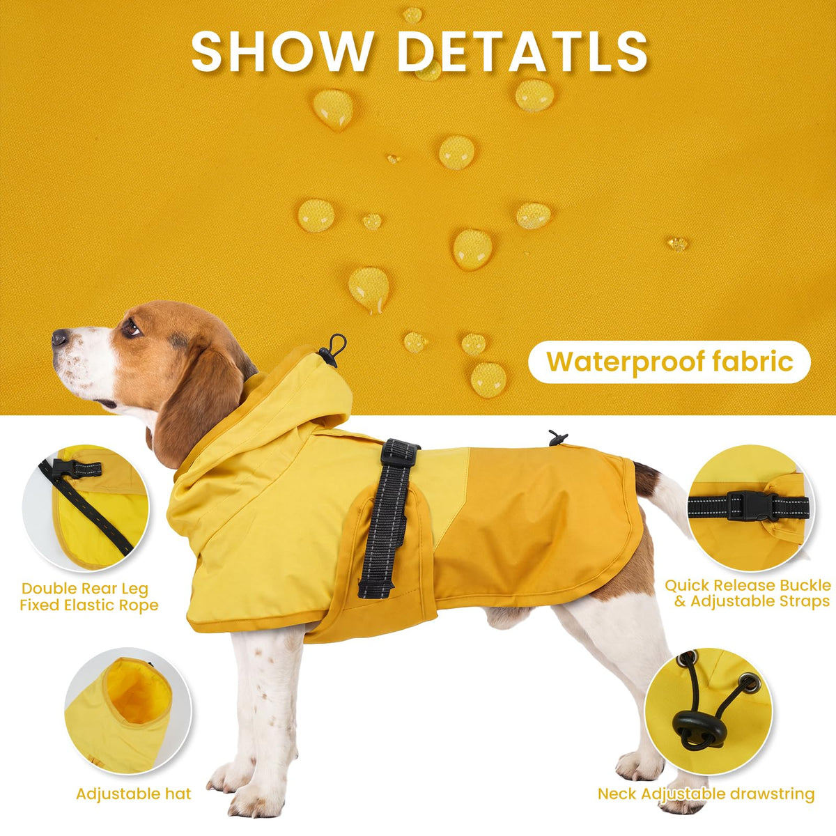 Dog Raincoat Waterproof Rain Jacket with Hood (L(Back Length16.9") / Yellow)