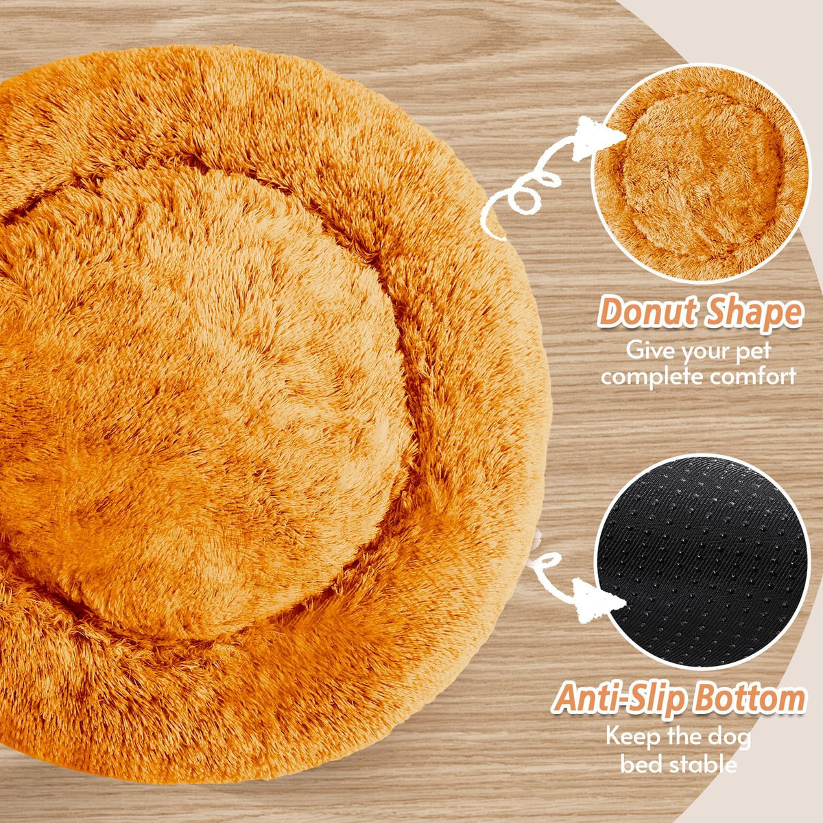 Calming Dog Bed for Small Dogs (Orange / 23.0"L x 23.0"W x 8.0"Th)