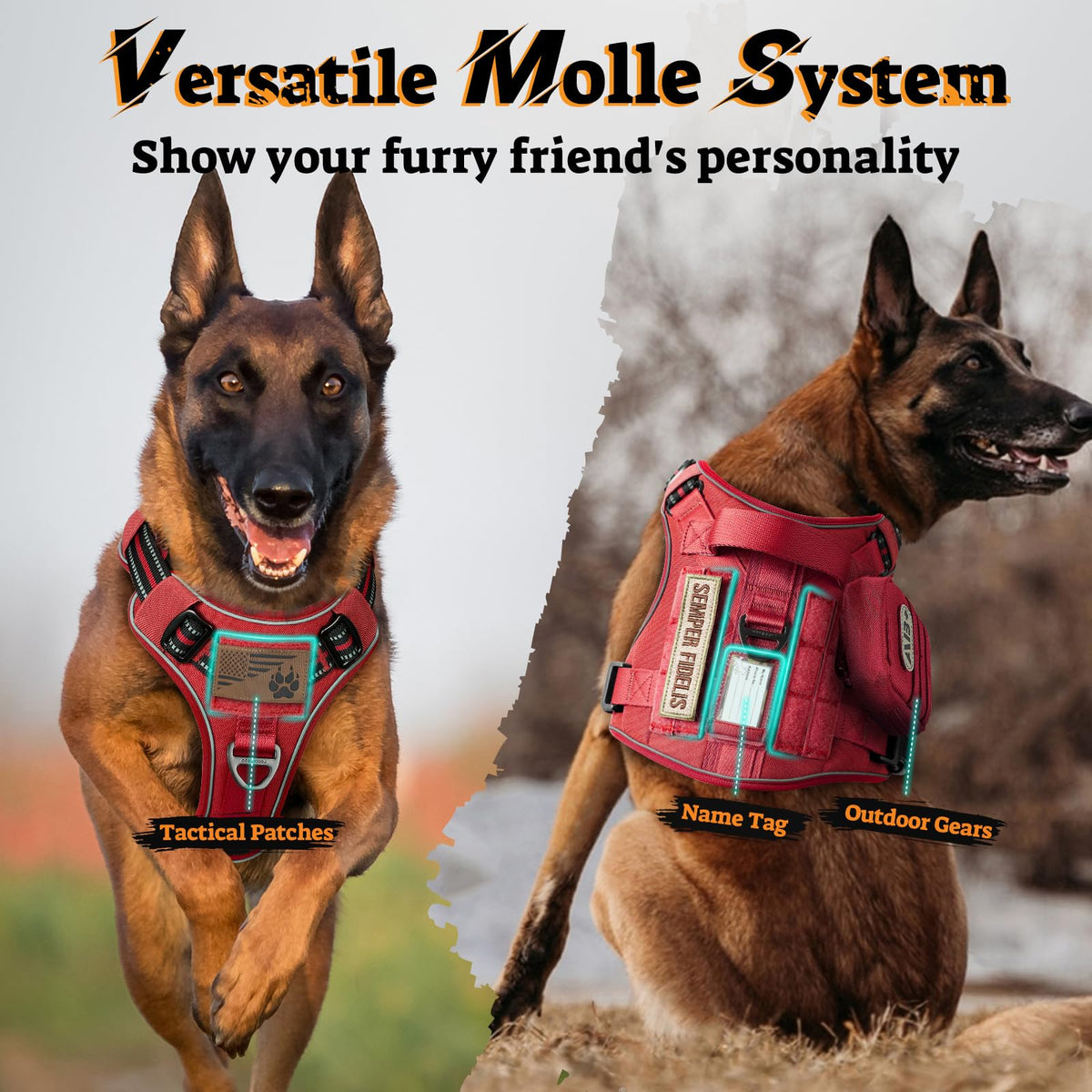 Tactical Dog Harness for Small Dogs (S(Chest:16.1"-31.5",Neck:15.4"-21.6",Back:7.1") / Red)