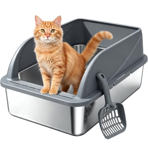 Stainless Steel High Sided Cat Litter Box with Scoop M (DeepGrey M)