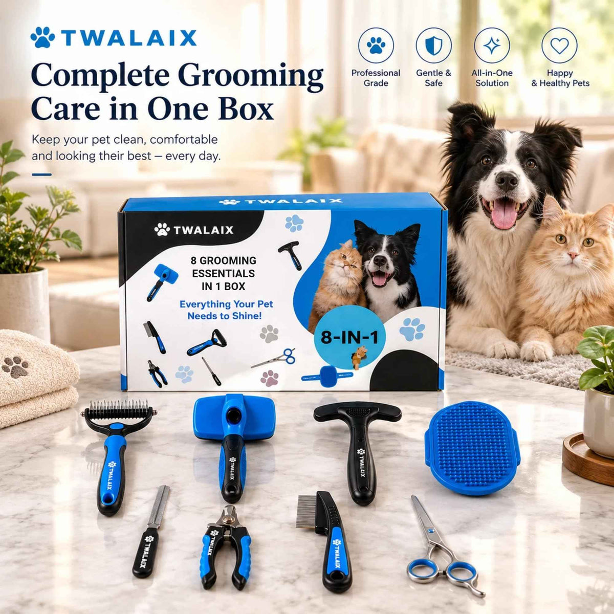 8-in-1 Dog Grooming Kit, Pet Grooming Kit for Dogs & Cats, Professional Cat Brush Set with Slicker Brush, Undercoat Rake, Flea Comb, Nail Clipper, Scissors & Bath Brush (8 Count (Pack of 1))