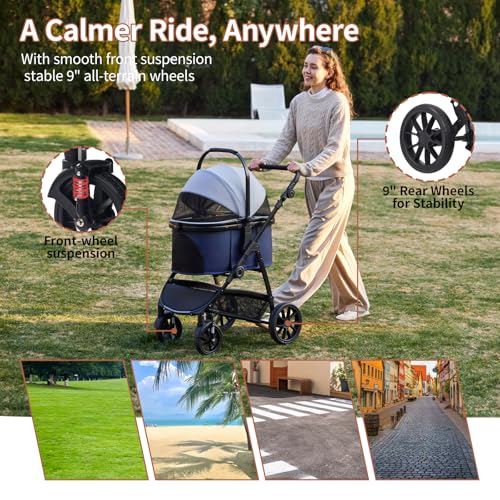3-in-1 Dog Stroller for Small and Medium-Sized Dogs up to 55 lbs (BlueGray)