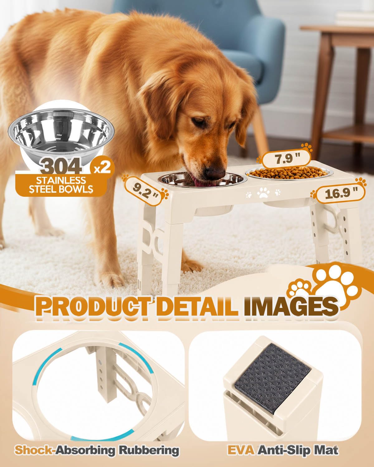 Elevated Dog Bowls for Medium Large Size Dogs (Beige / Medium Large)