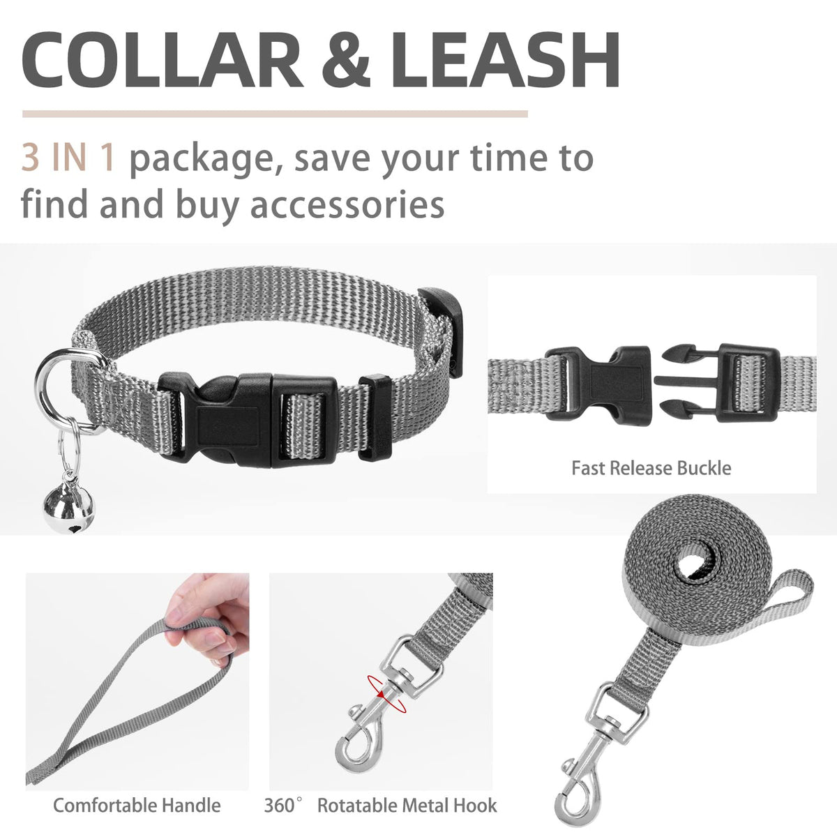 Dog Harness Collar and Leash Set No Pull for Small Medium Sized (Solid Grey / S (CHEST 14.5"-16"))