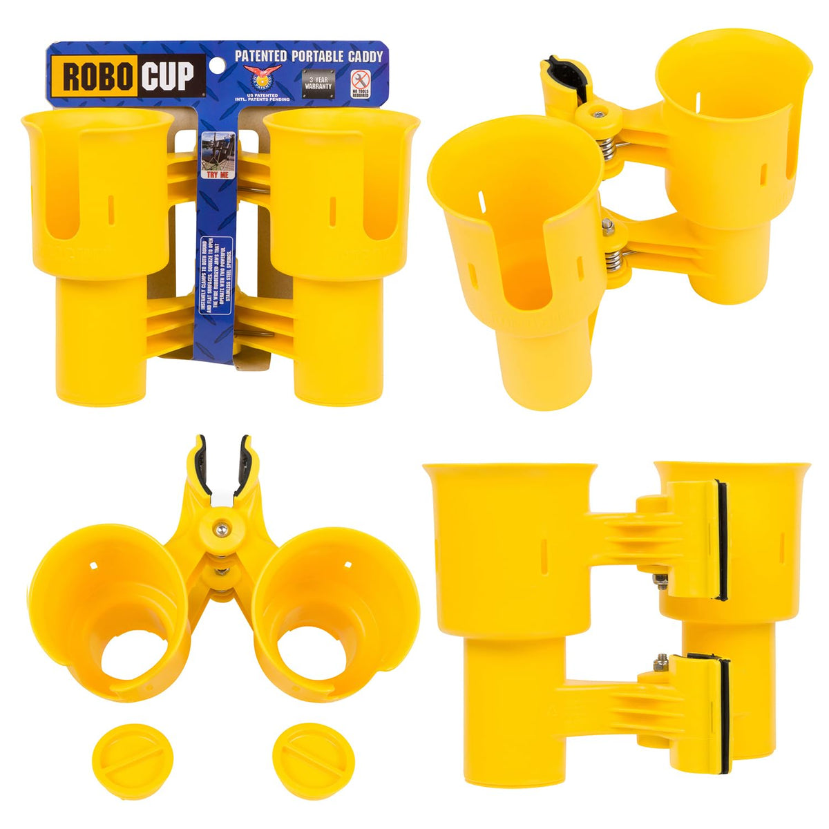 Yellow), Patented Clamp On Boat Cup Holder |Multifunction Dual Drink Caddy for Fishing Poles, Tools, Net, Gaff |Portable Storage for Boating, Beach, Umbrellas, Golf Carts, Strollers (Yellow / Standard Spring)