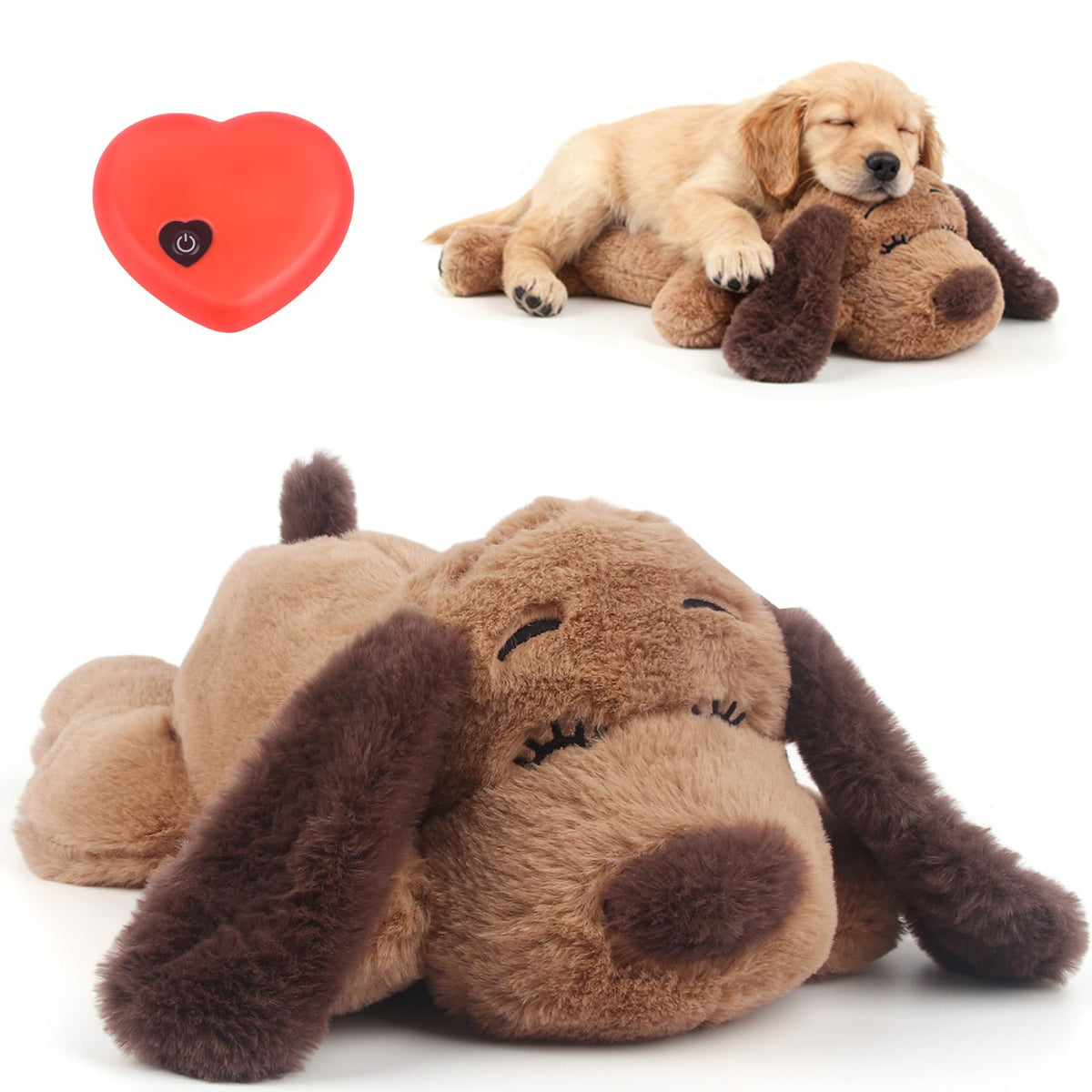 Heartbeat Puppy Toy Dog Anxiety Relief Calming Aid Heartbeat Stuffed Animals Pet Comfort Cuddle Sleep Aid Puppy Behavioral Training Aid Toy for Dog Cat (Brown-A)