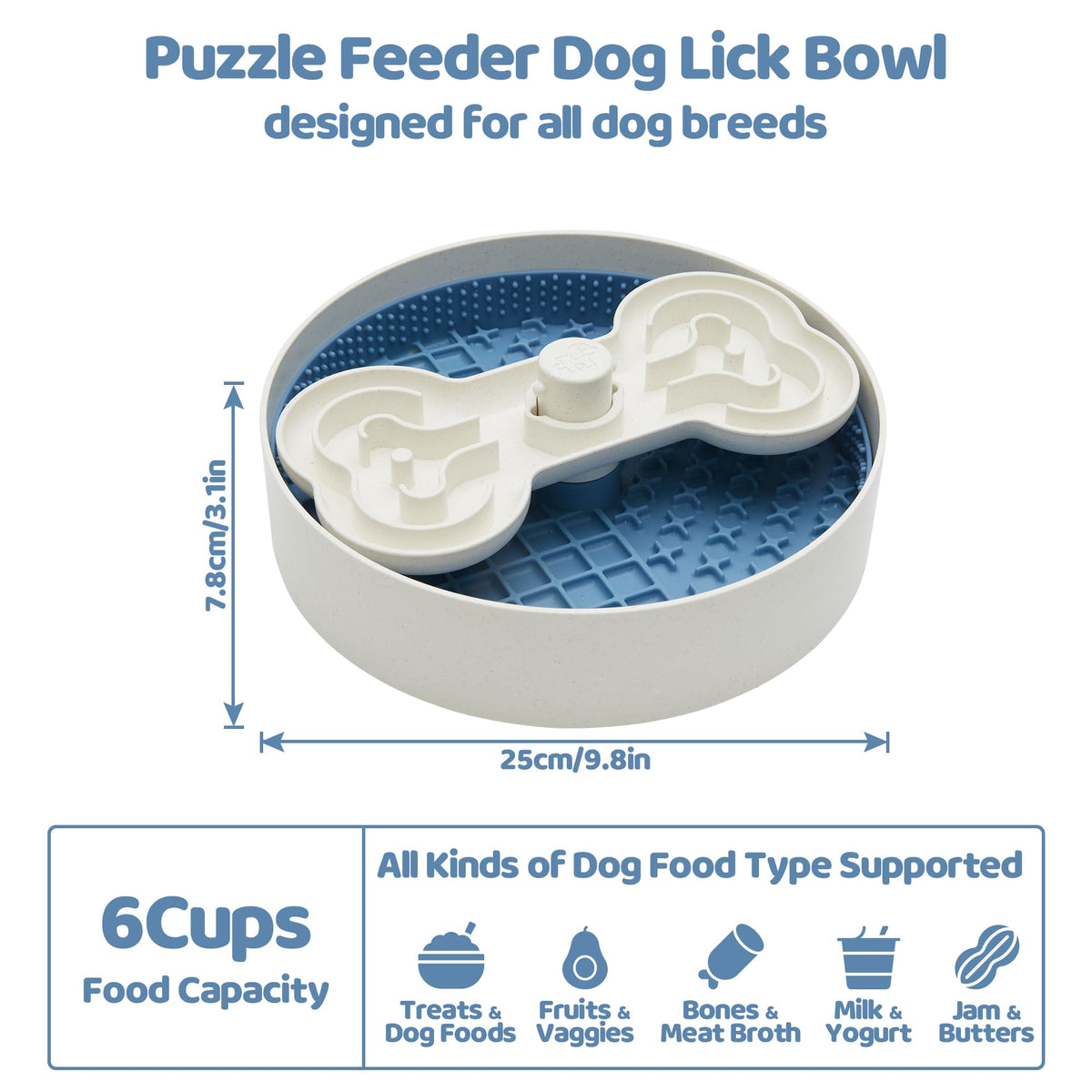 Slow Feeder Dog Bowl with Lick Mat and Puzzle Inserts (L / Blue)