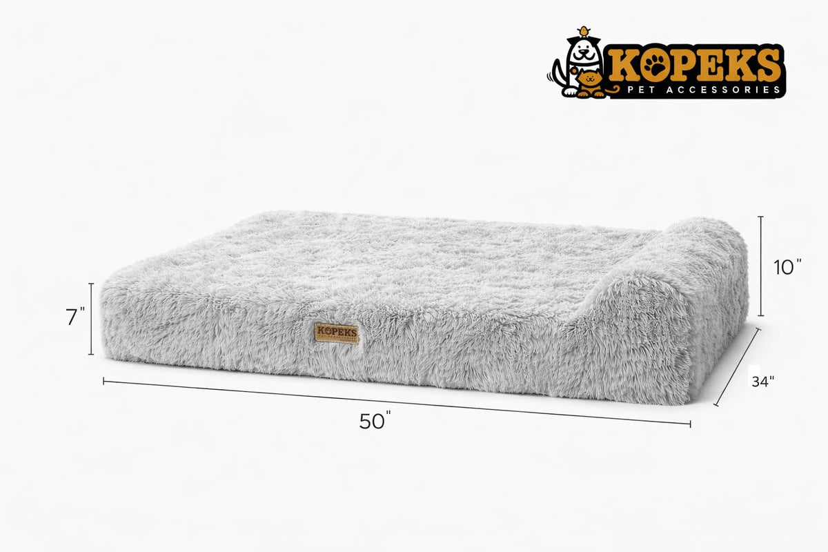 Orthopedic Memory Foam Dog Bed 7" Inch Thick Extra Large Dog Bed with Pillow Fluffy Grey 50"x34"x10" Includes Waterproof Liner & Durable Removable Cover with Smart Design (Grey - Fluffy / XL - 50"x34"x10")