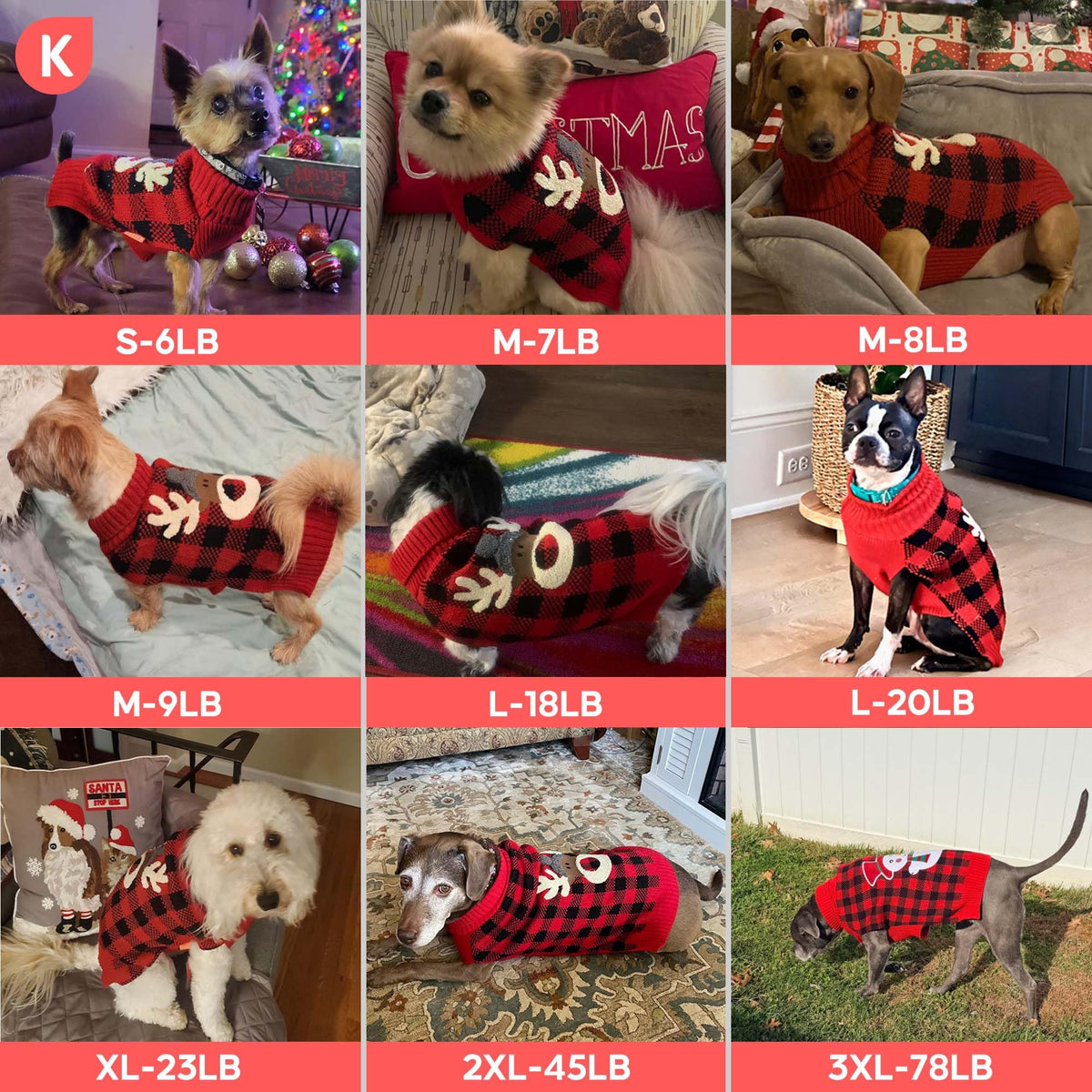 Dog Christmas Sweater for Small Dogs with Red Buffalo Plaid Reindeer (Small (4-7lbs) / Christmas)