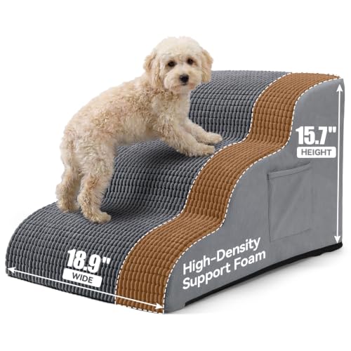 Extra Wide 3 Step Dog Stairs for Bed & Couch (Grey / X-Wide: 18.9"x22.4"x15.7")