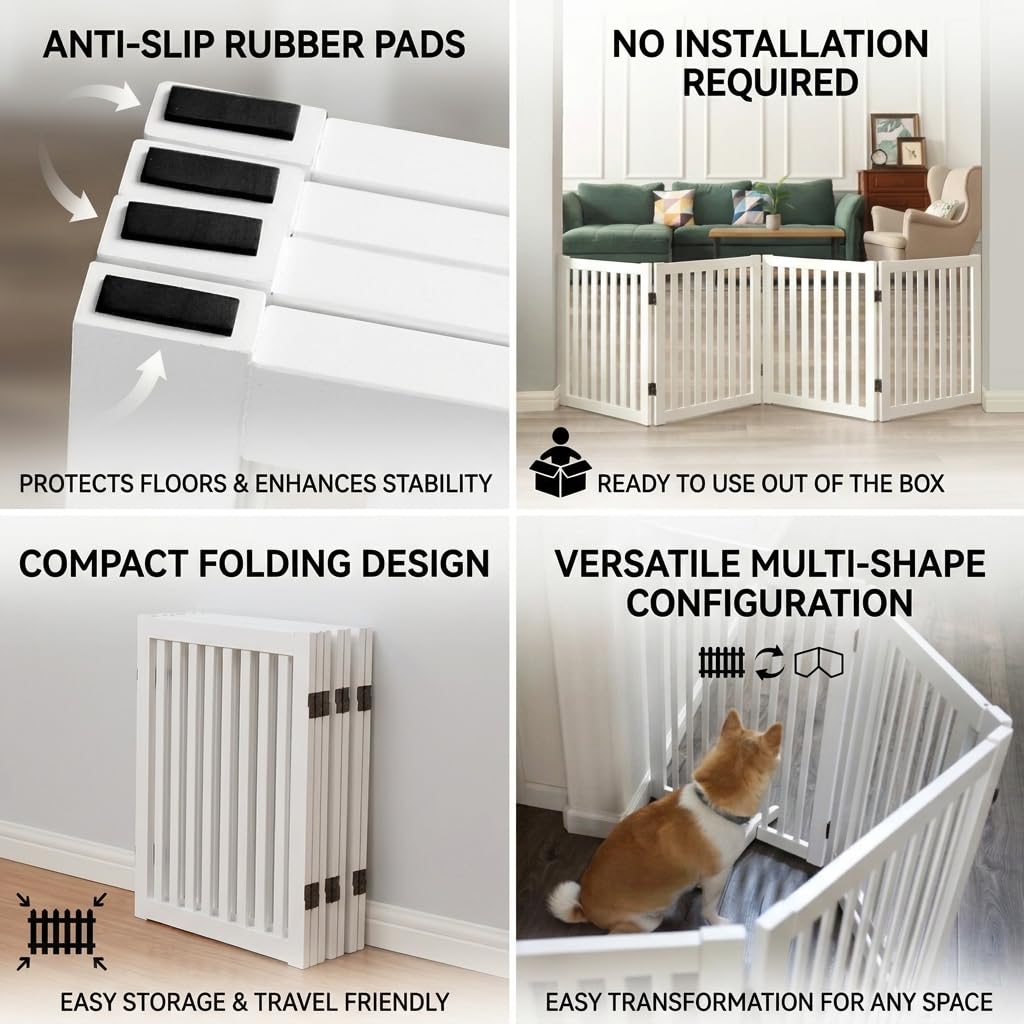 Wooden Freestanding Dog Gate (White / 4 Panel 80" Wide)