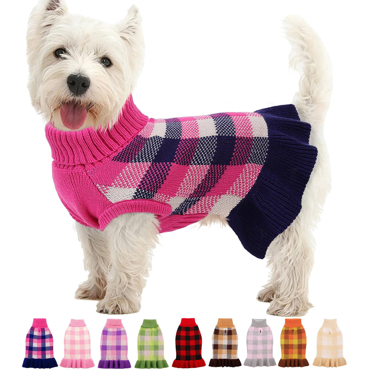 Dog Sweater Dress Plaid Knitwear for Medium Dogs Girl Christmas Clothes (Navy / Medium)
