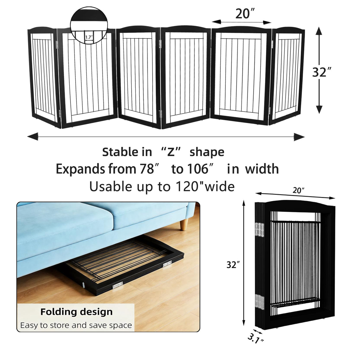 Freestanding Foldable Dog Gate for House Extra Wide Wooden Black Indoor Puppy Gate Stairs Dog Gates Doorways Tall Pet Gate 6 Panels Fence (Black / 【6 Panels】120''w x 32''h)