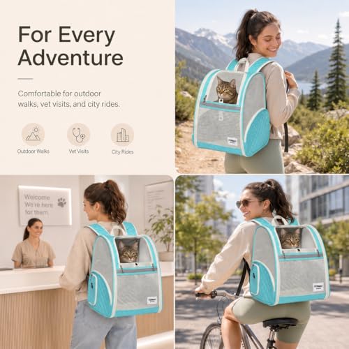 Cat Backpack Carrier for Small Dogs and Medium cat Puppy Kitten Bunny Pet Carrier Backpack Collapsible with Fully Ventilated Mesh with Safety Leash (LightGreen / 12.9"L x 10.62"W x 15.5"H)