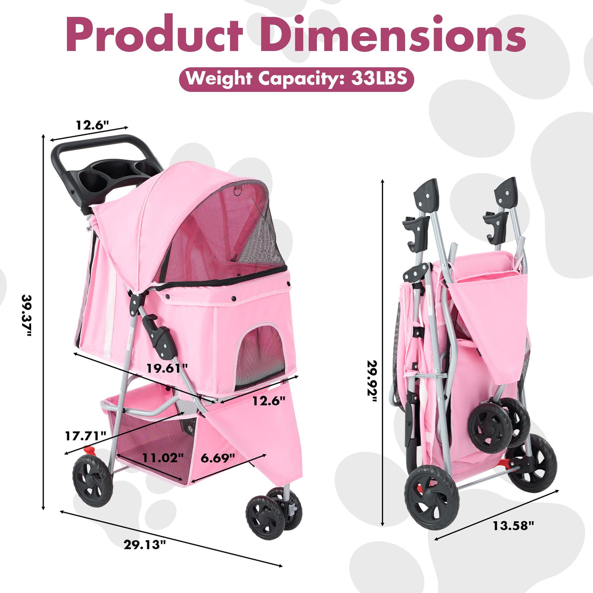 Foldable 3 Wheel Pet Stroller for Dogs and Cats (Pink / 29.13"×39.37"×17.71")