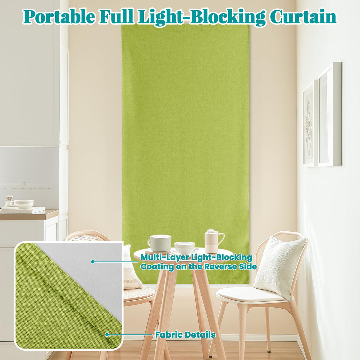 100% Blackout Self Adhesive Curtains Portable Curtain Simple and Easy to install Bedroom Window Thermal Lnsulated Kitchen Room Darkening Black Small Drapes (35"W x 72"L (Pack of 1) / Fruit Green)