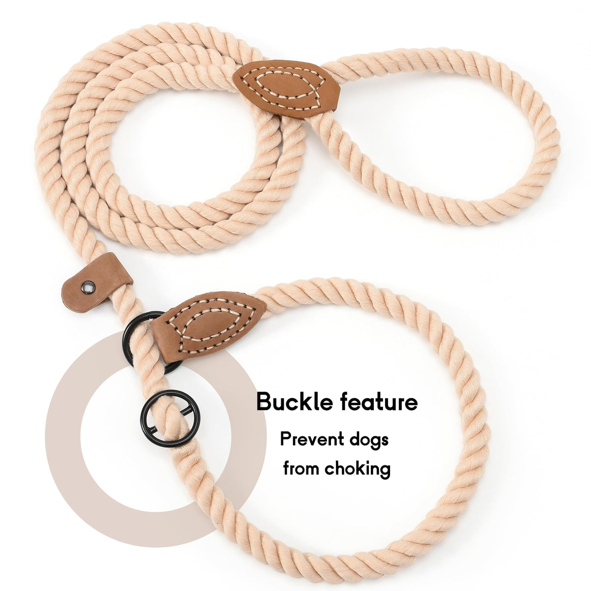Heavy Duty Slip Lead No Pull Leash w Leather (Light Brown / 6 Feet)