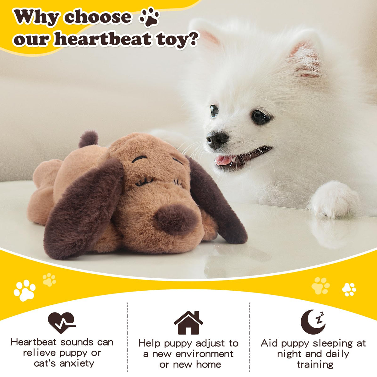 Heartbeat Puppy Toy Dog Anxiety Relief Calming Aid Heartbeat Stuffed Animals Pet Comfort Cuddle Sleep Aid Puppy Behavioral Training Aid Toy for Dog Cat (Brown-A)
