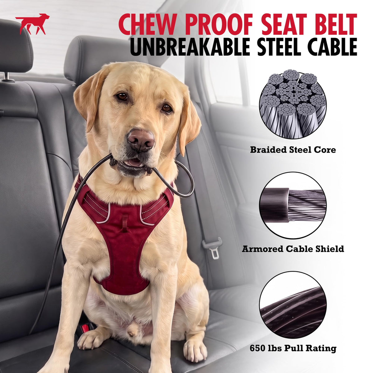 Chew Proof Steel Dog Seat Belt for Cars (Black / Chew Proof LATCH Bar Attachment)